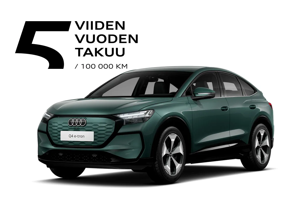 Q4-e-tron-sportback viiden vuoden takuu logolla.