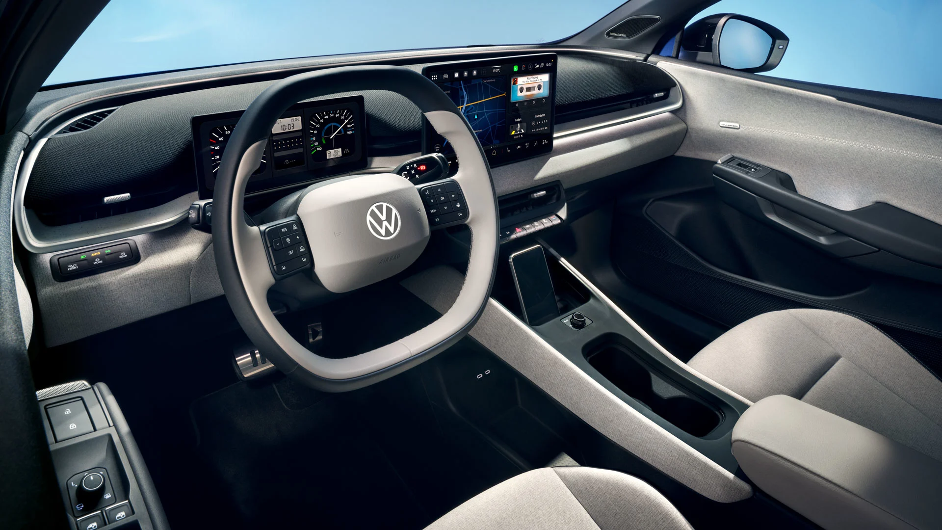 Volkswagen ID. Polo sisäkuvaa kuljettajan ikkunasta.