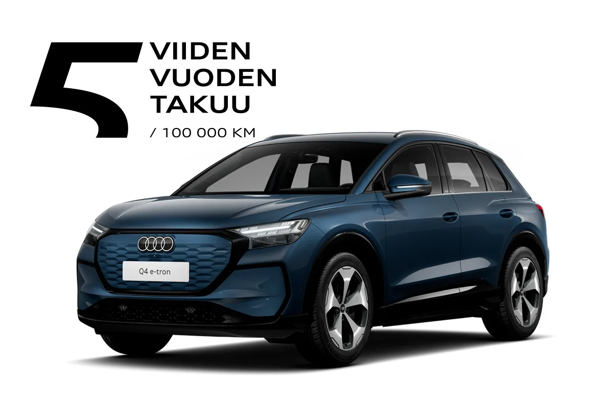 Sininen Audi Q4 e-tron 5 vuoden takuu logolla.