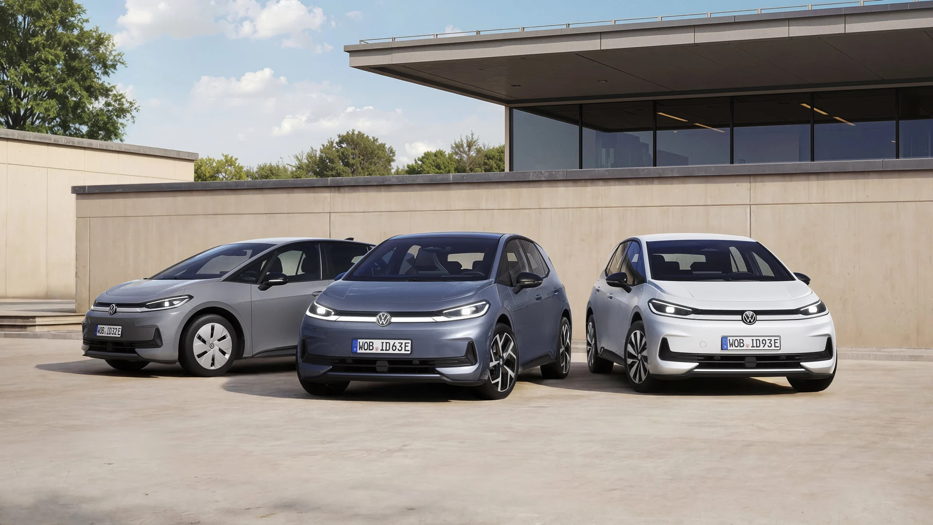 ID.3 Neo mallin kolme varustelutasoa parkkeerattuna pihalla.