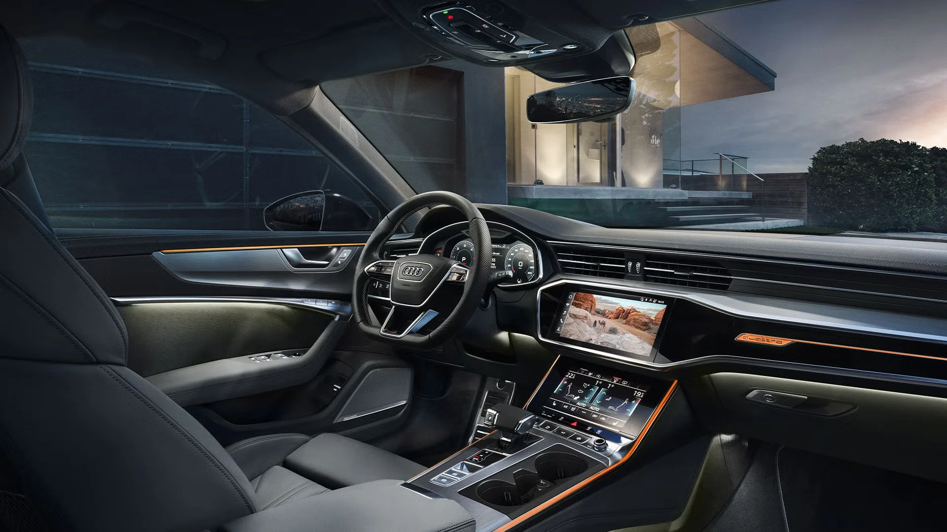 Audi Q8 e-hybrid sisätilat: ratti ja koelauta.