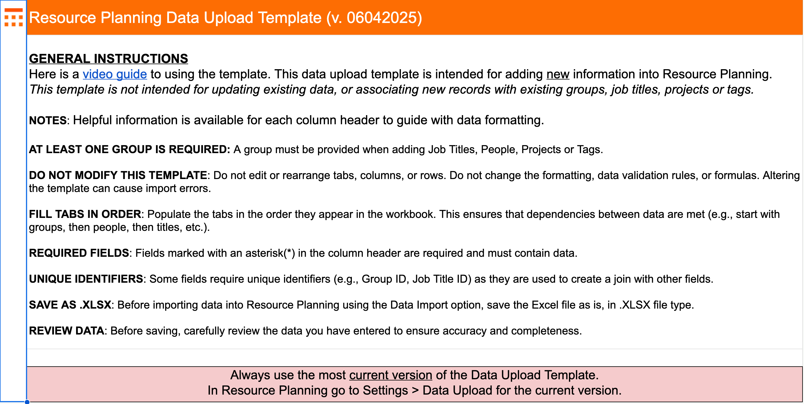 Resource Management Data Upload tool instructions