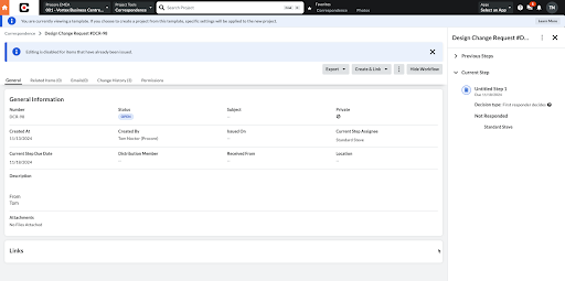 Design change request form interface showing input fields and sections for general information and links