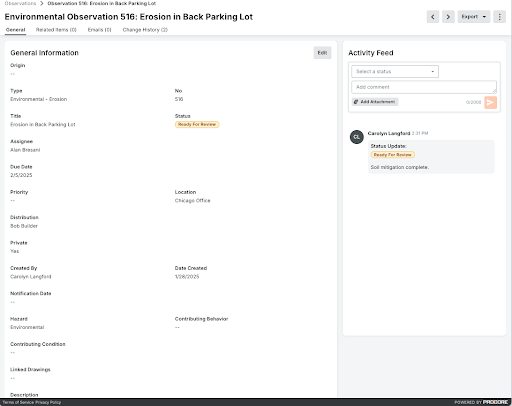 Environmental observation form showing details of erosion issue in back parking lot with status updates and activity feed