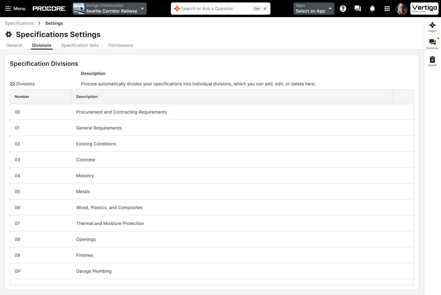 Specifications Settings