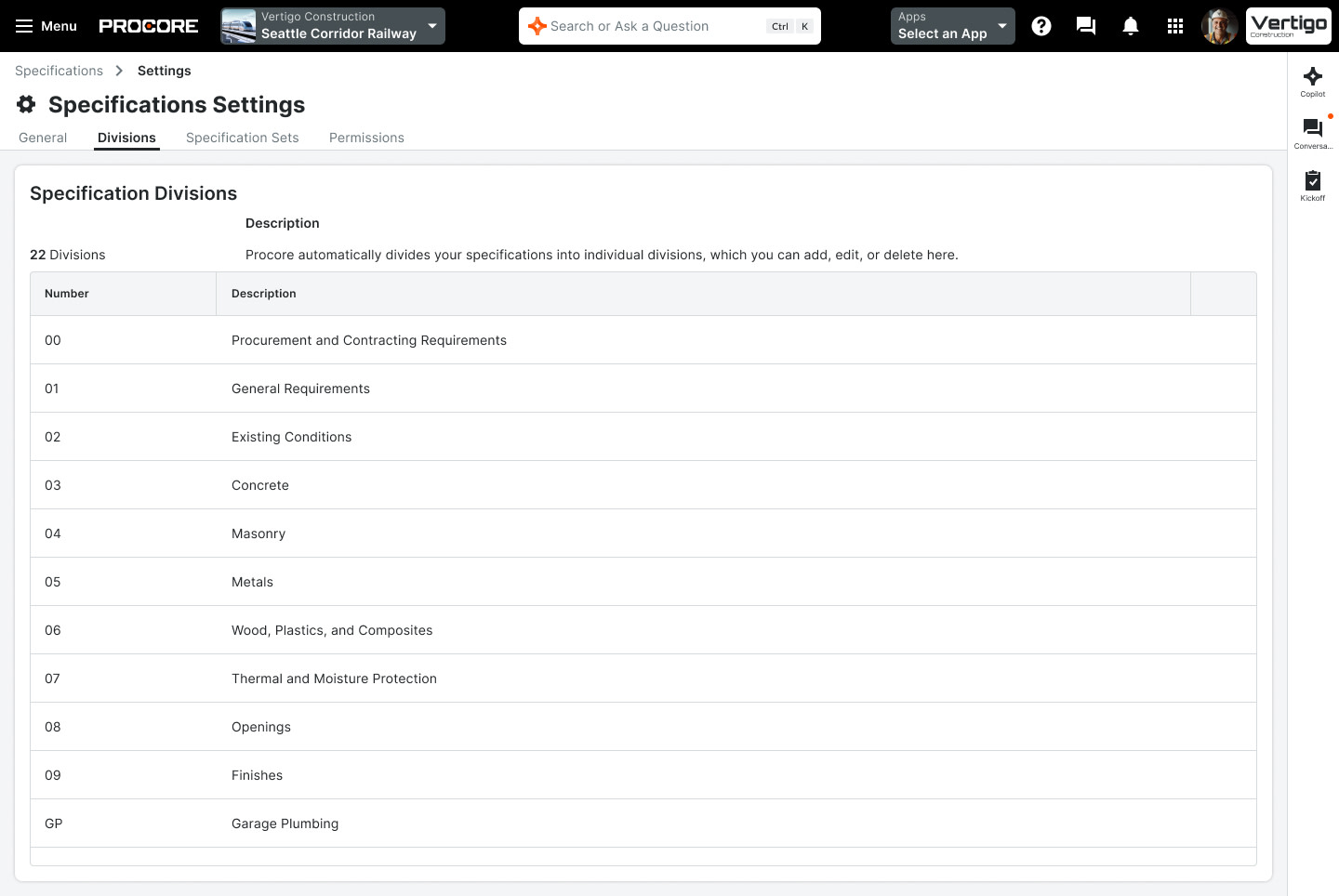 Specifications Settings