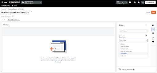 Empty unified report interface showing placeholder text and filter options that include starts with and ends with.