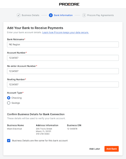 Streamlined onboarding Procore Pay