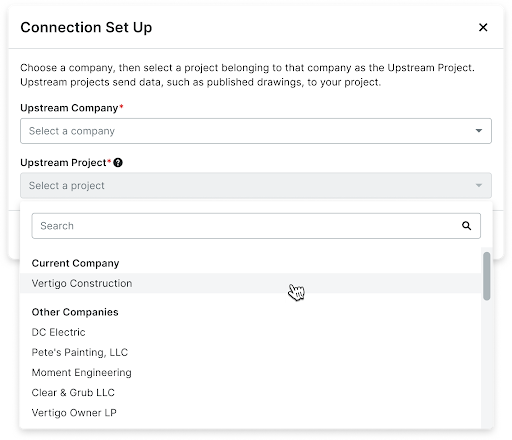 Connection setup dialog showing company selection dropdown and search field.