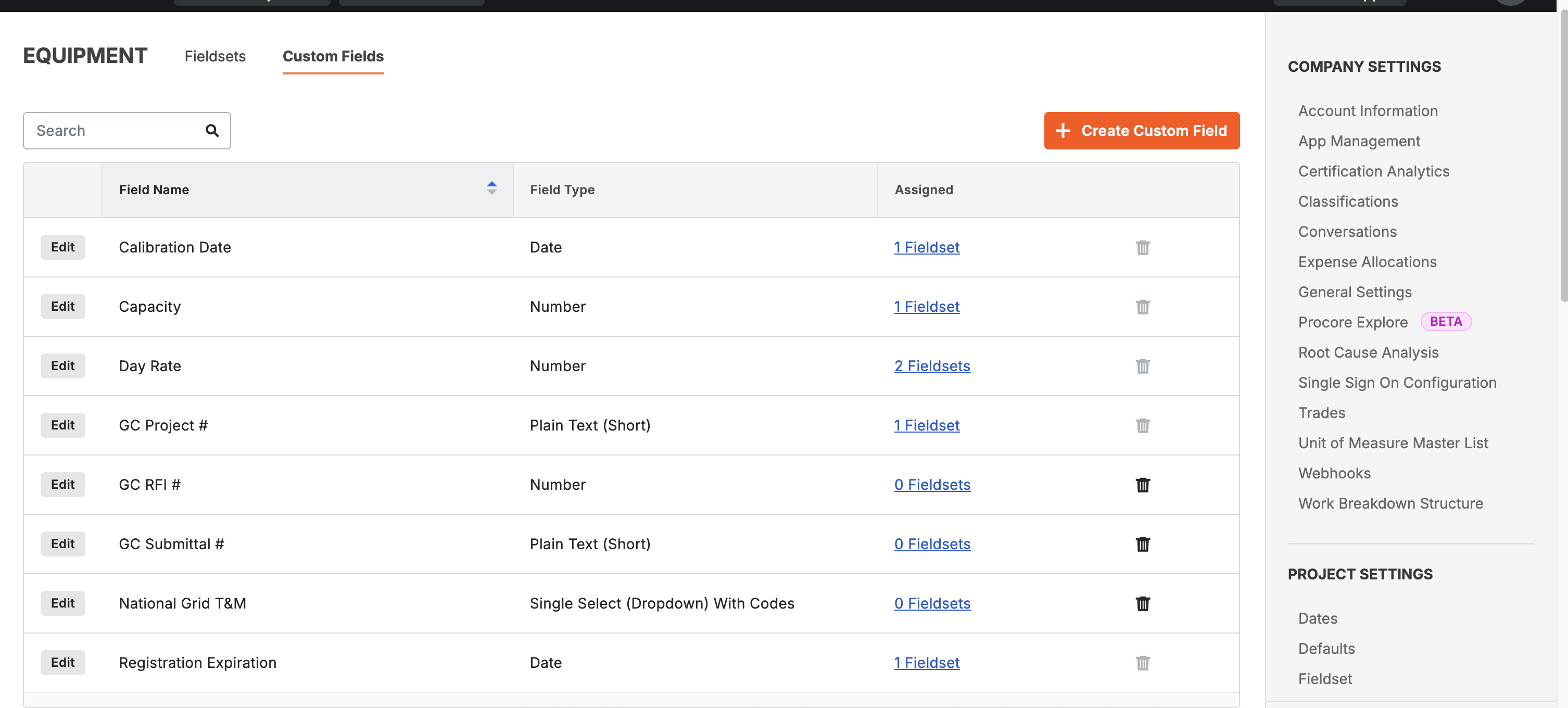 Equipment Management custom fields