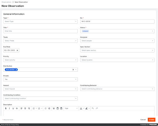 Web form interface showing fields for entering a new observation, including type, title, date, priority and other data entry options
