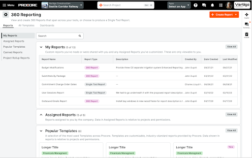 Screenshot of Procore reporting dashboard showing My Reports, Assigned Reports, and Popular Templates sections with report listings