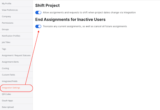 Settings panel showing project shift options with two blue toggle switches for managing user assignments and permissions, highlighting the End Assignments for Inactive Users.
