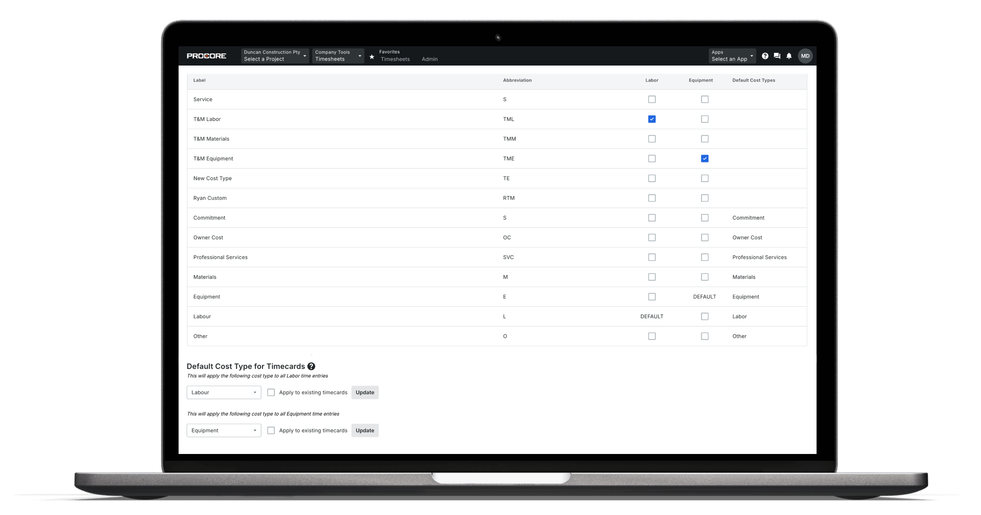 Company Timesheet Equipment Tracking