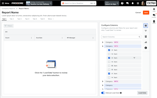Interface showing report builder with empty data grid and category configuration panel on the right side with the new Load Data button.