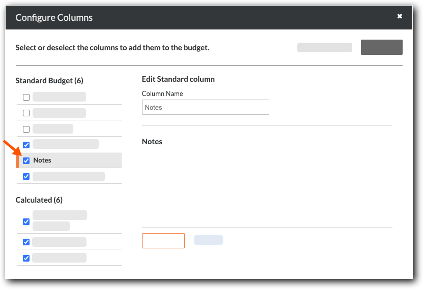 A screen shot of the Budget notes setting