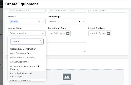 A screenshot of the Create Equipment screen and the new Equipment Vendor field.