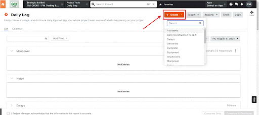 Screenshot of a daily log interface with empty entry fields and the new orange "Create" button highlighted in the top menu.