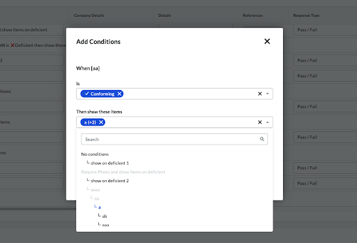 Modal dialog window showing "Add Conditions" interface with dropdown menus and search field for configuring display rules