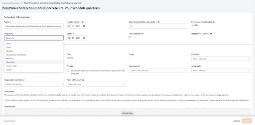 Online form interface showing a quarterly and twice year option for the inspection scheduling.