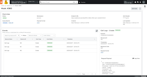 Configure Webhooks Image- Web interface showing event logs with three call logs entries, each marked as 'Created' with timestamps and status codes.
