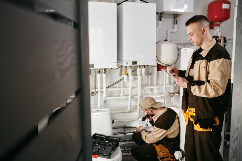 Two young men installing a heating system