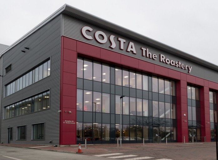Kaffeerösterei Gebäude Außenansicht bei Costa Coffee in Basildon, England