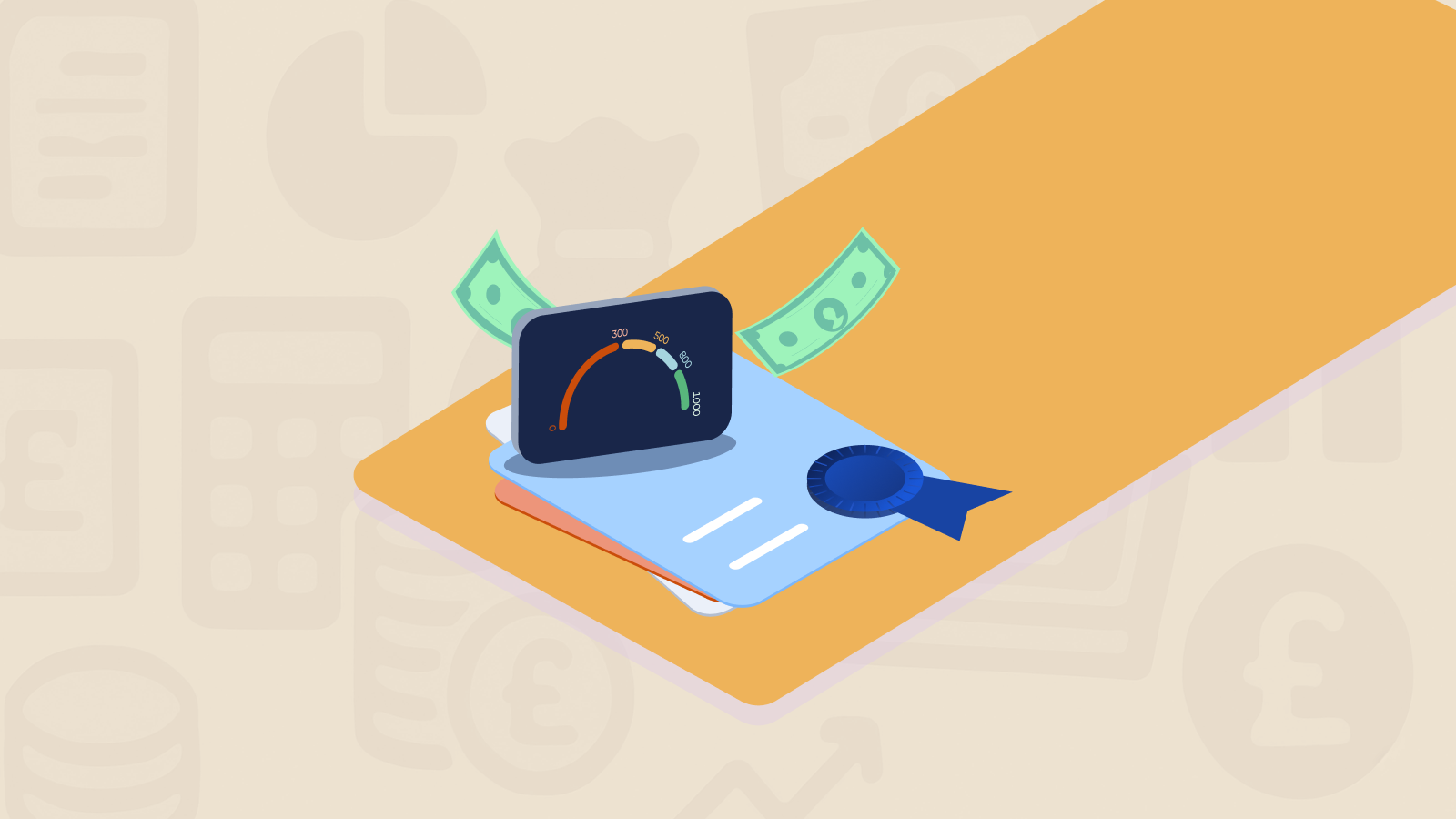 Credit score dial with loans and money 
