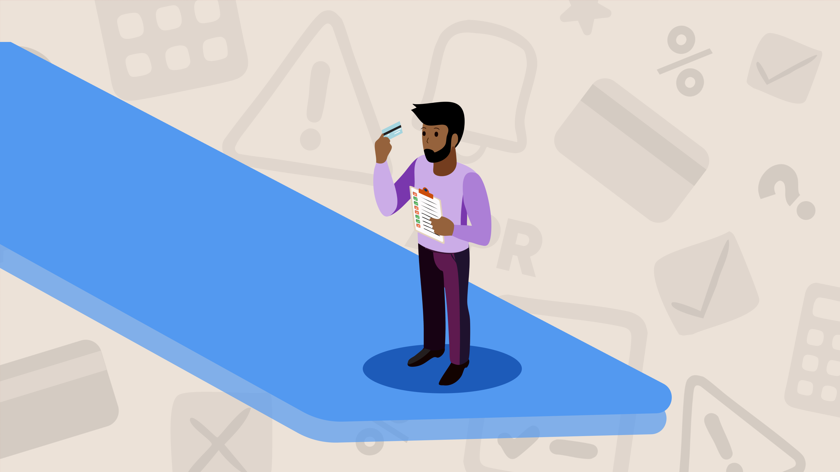 an illustration of a man looking at a list of mistakes to avoid with his first credit card