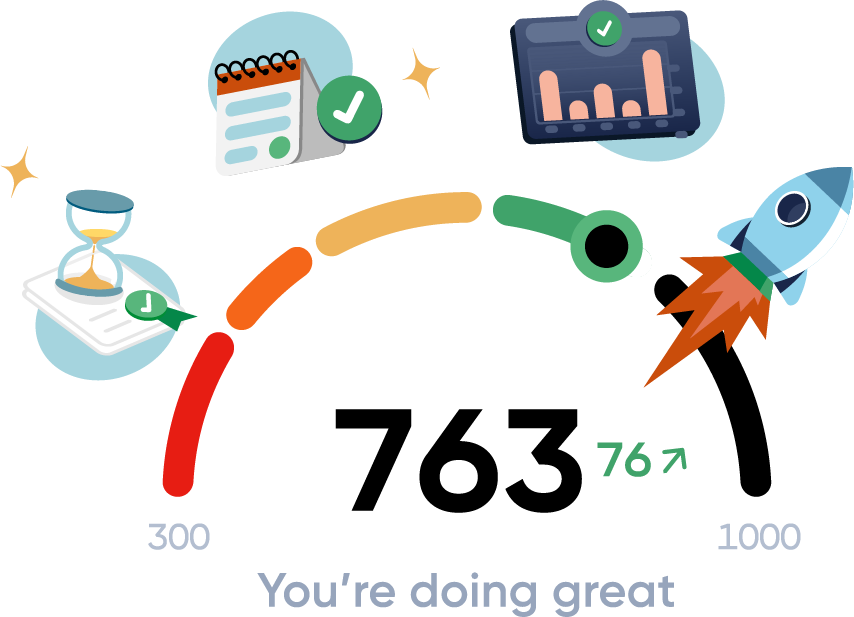 Illustration showing a credit score increasing with responsible measures being taken