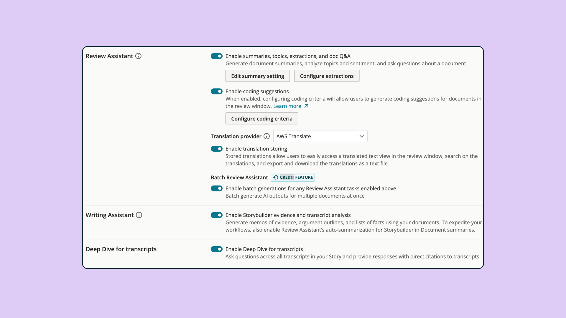 This image shows the individual tool settings where you can toggle on specific free Everlaw AI features like the Review Assistant, Writing Assistant, and Deep Dive for transcripts.