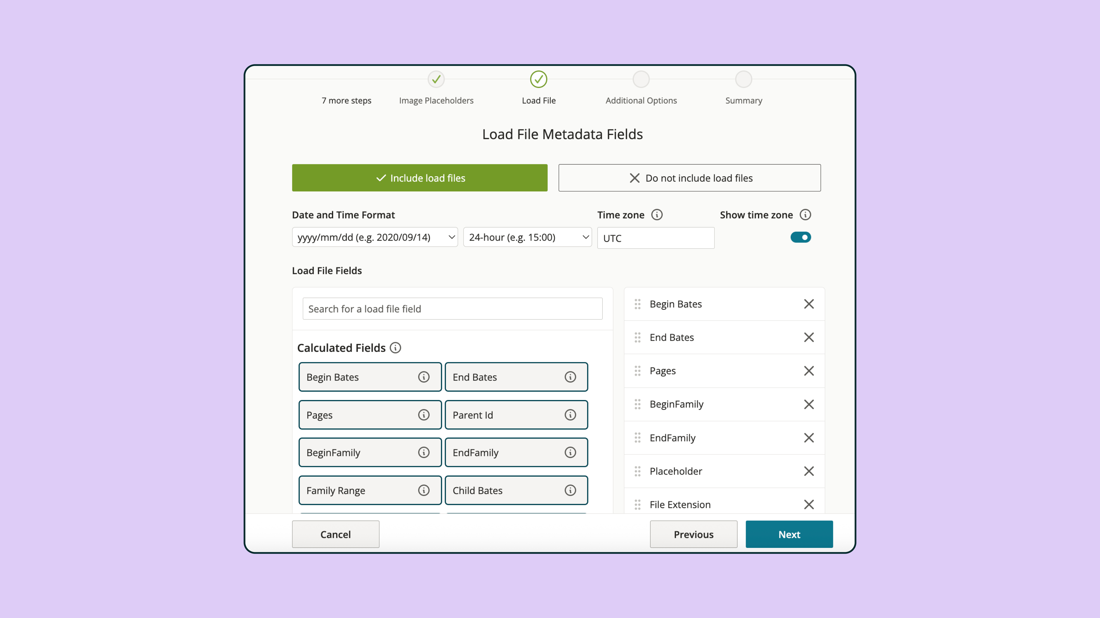 Screenshot of the Load File Metadata Fields step in the production protocol, where users select the metadata fields to include for the later Schedule A CSV export. 