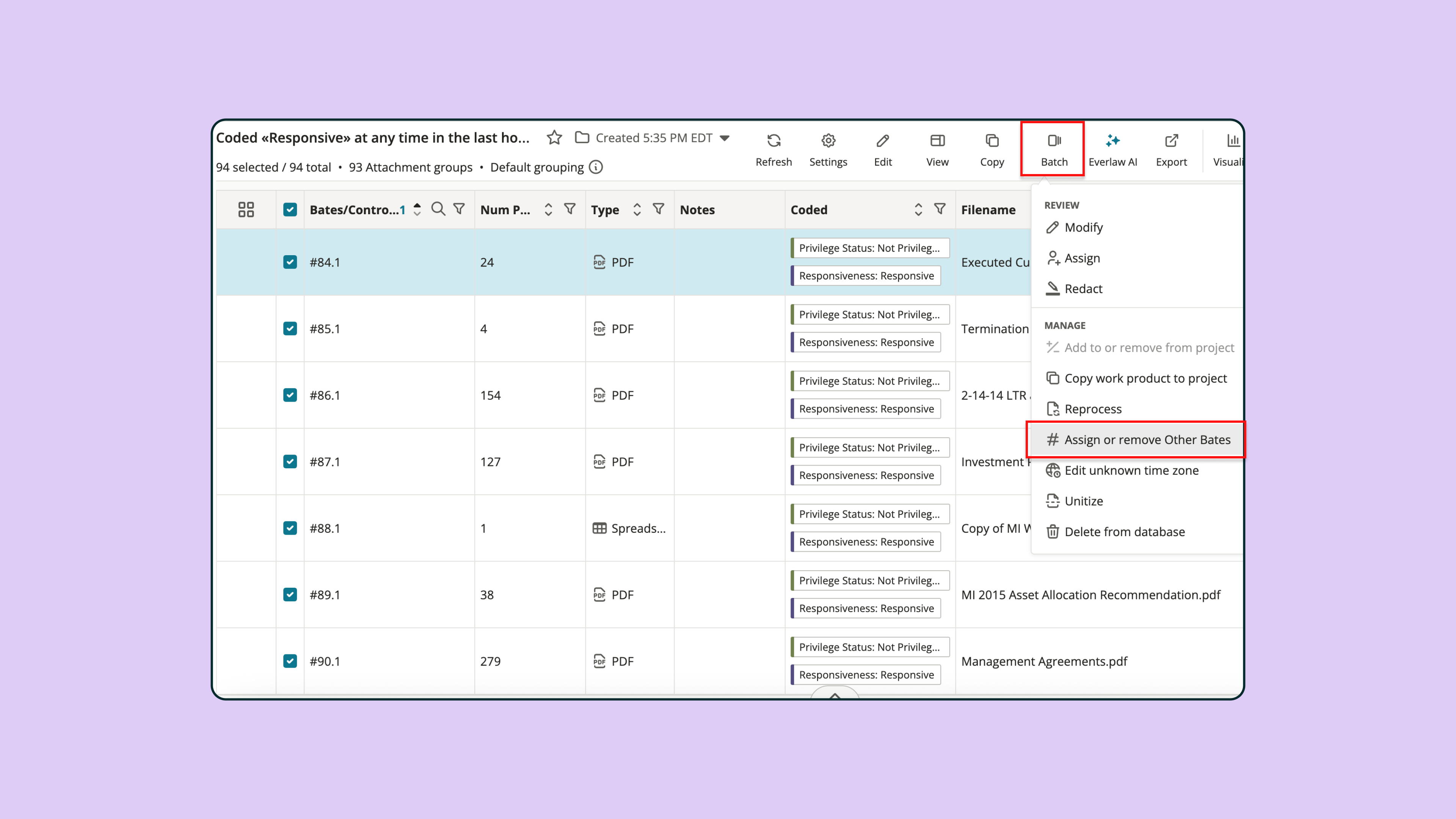 Screen shot of how to access and assign other bates from the results table 