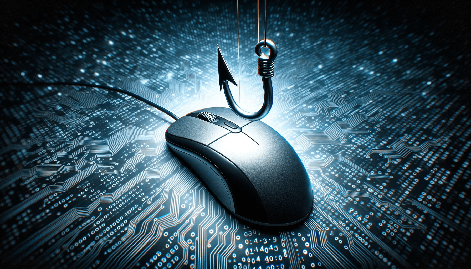 Photo of a computer mouse nearing a sharp fishing hook