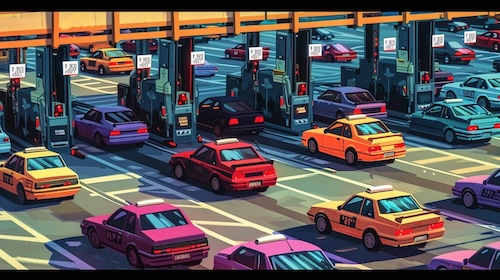 Graphic of cars in waiting to pay toll