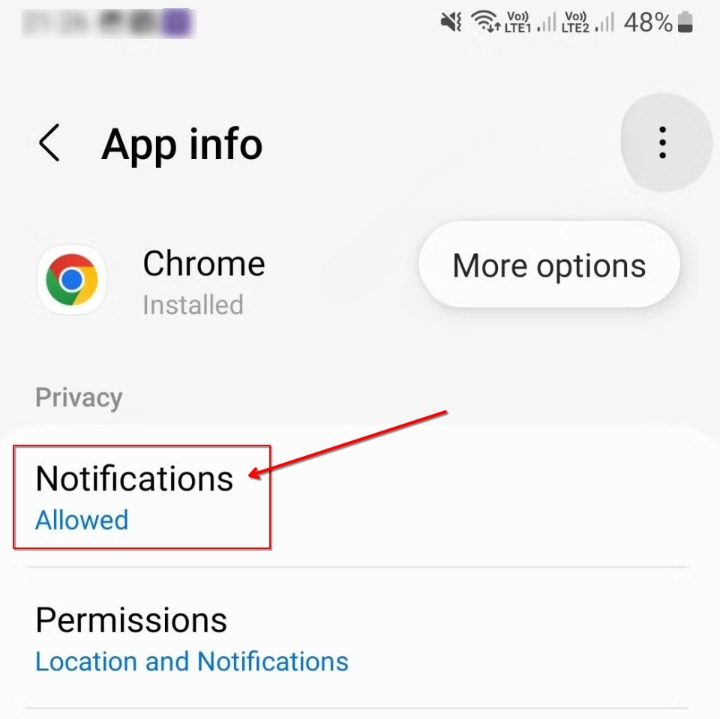 Android settings displaying the Chrome app settings with notifications disabled.