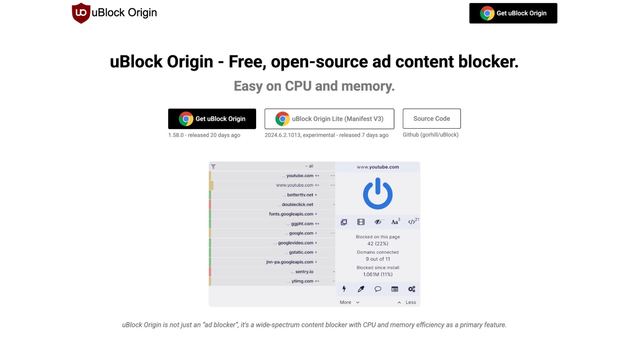 ublock Origin browser extension homepage.