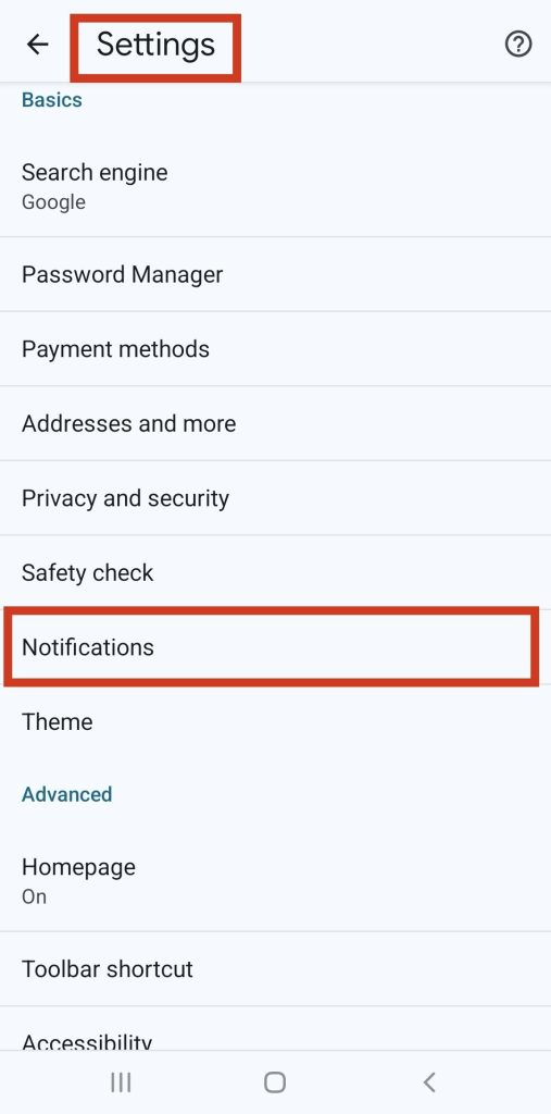 Chrome mobile app’s site settings with the Notifications toggle turned off.