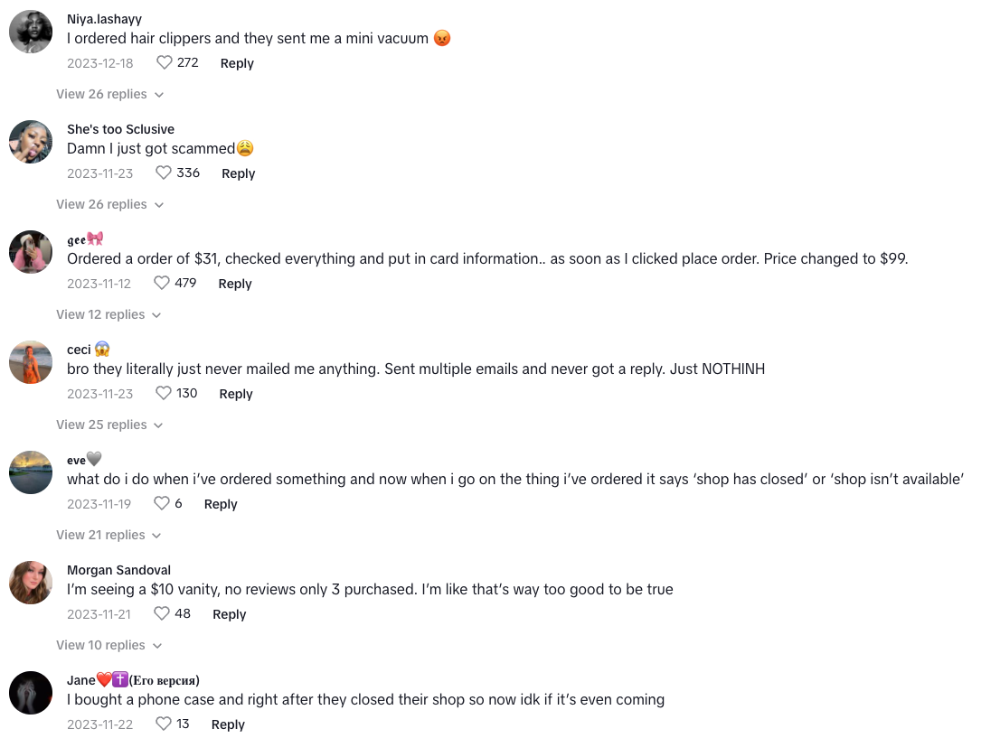 Comments about TikTok scams