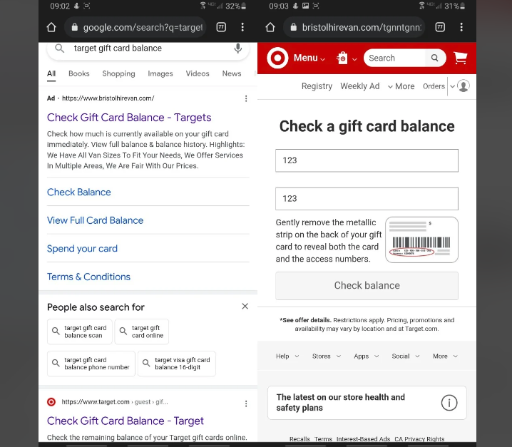 Fake Target Gift Card Balance website