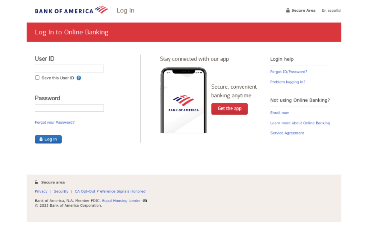 Bank of America Fake scam page