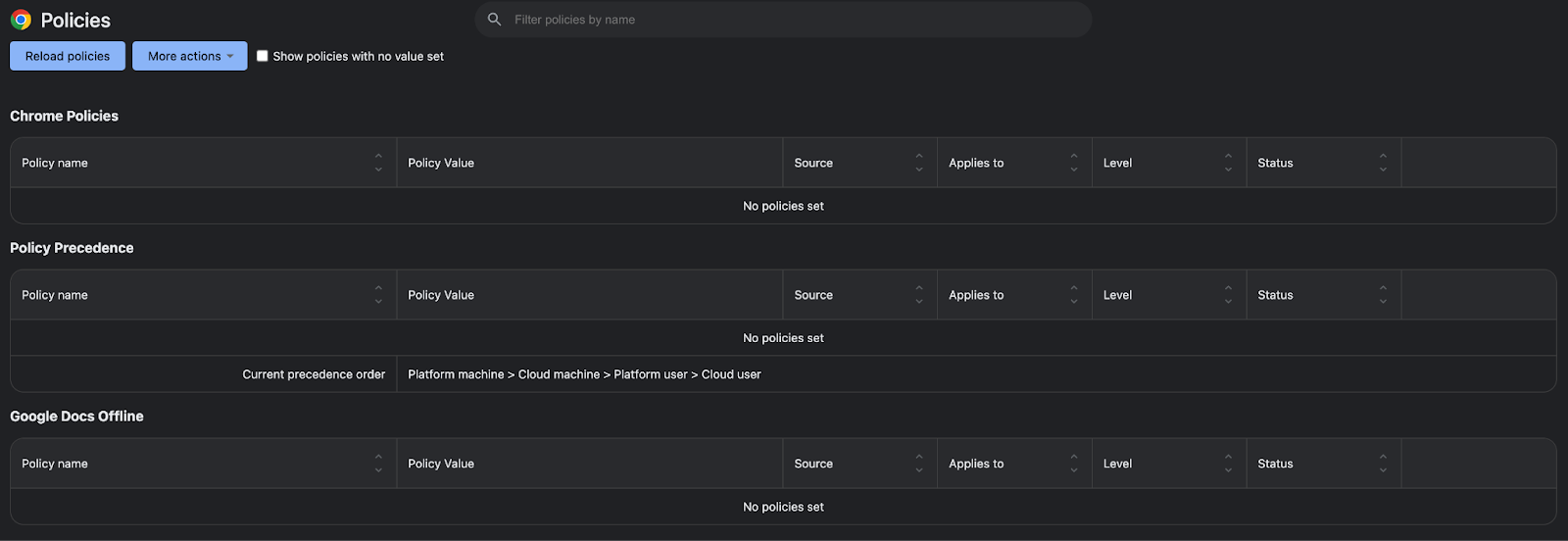 Chrome policy dashboard