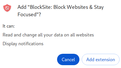 Pop up window to add blocksite extension to Chrome browser