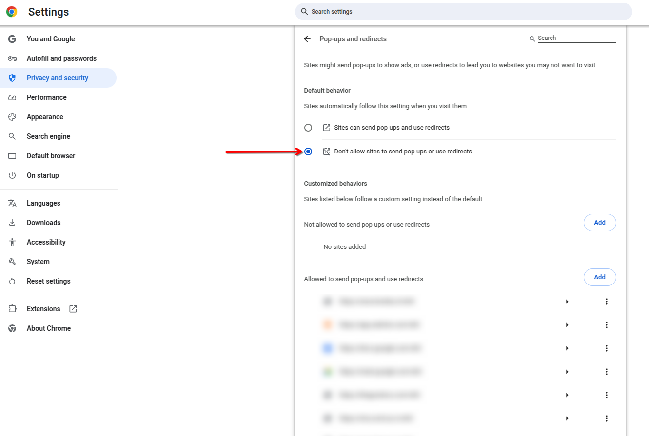 Chrome’s Pop-ups and redirects settings with the “Don’t allow” option selected.