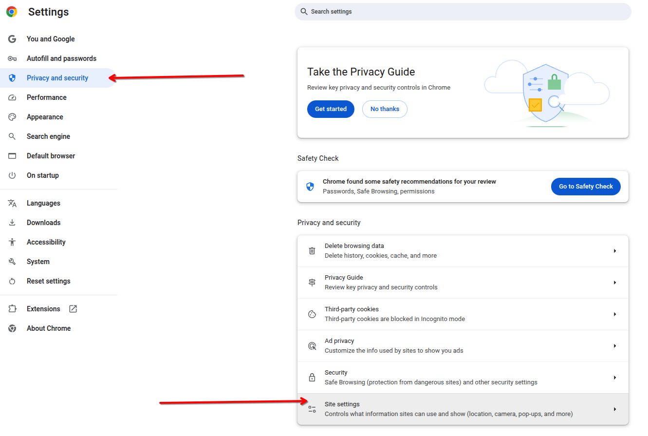 The Google Chrome Settings page, with Privacy and Security and Site Settings highlighted.