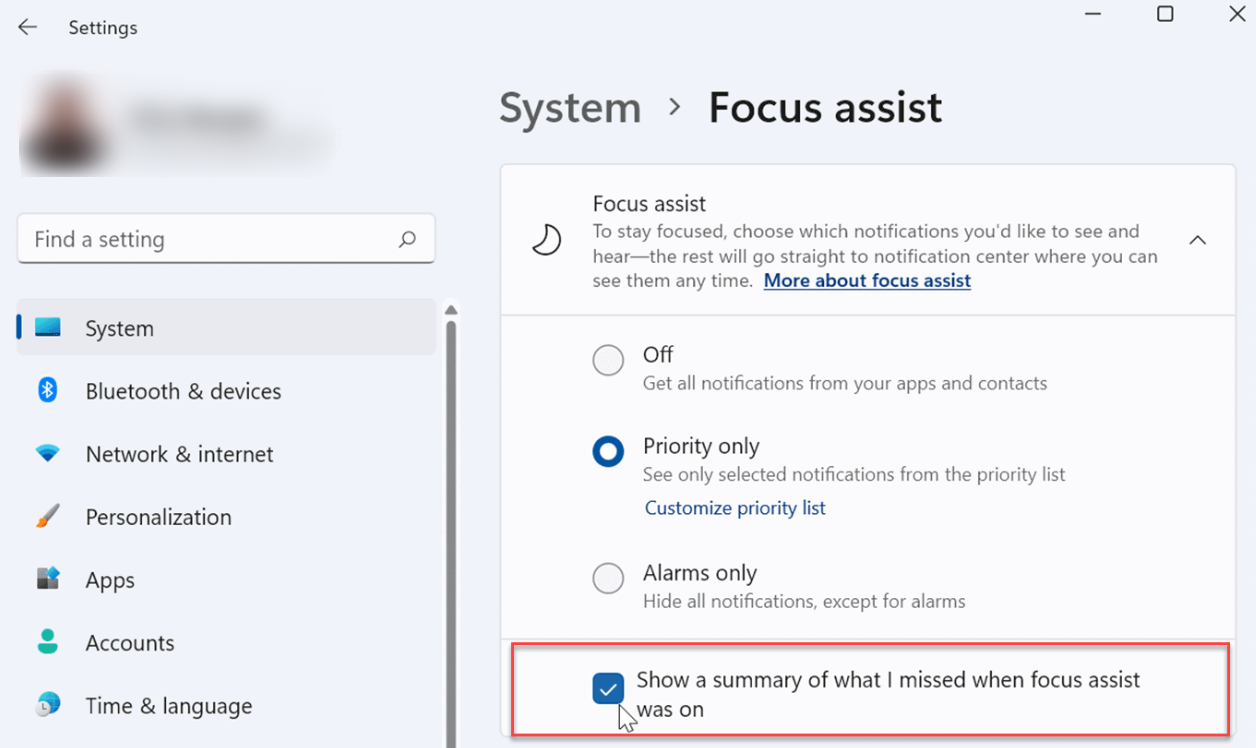 Enabling focus mode on a Windows machine to check only priority notifications.