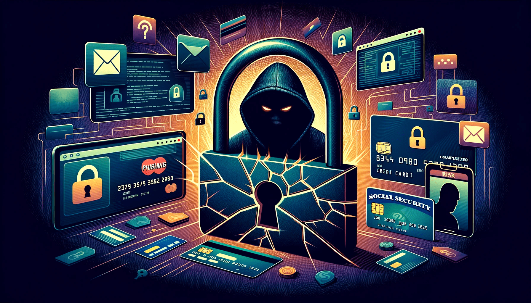 Illustration showcasing elements associated with online identity theft. 