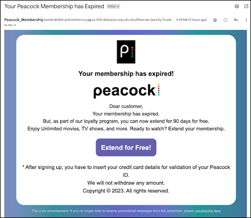 Example of a peacock phishing email