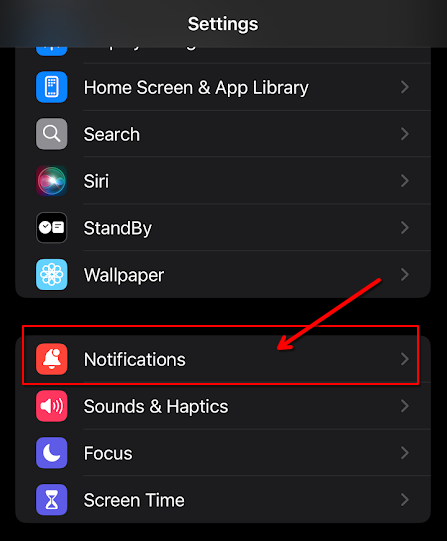 iOS settings displaying the notifications option.