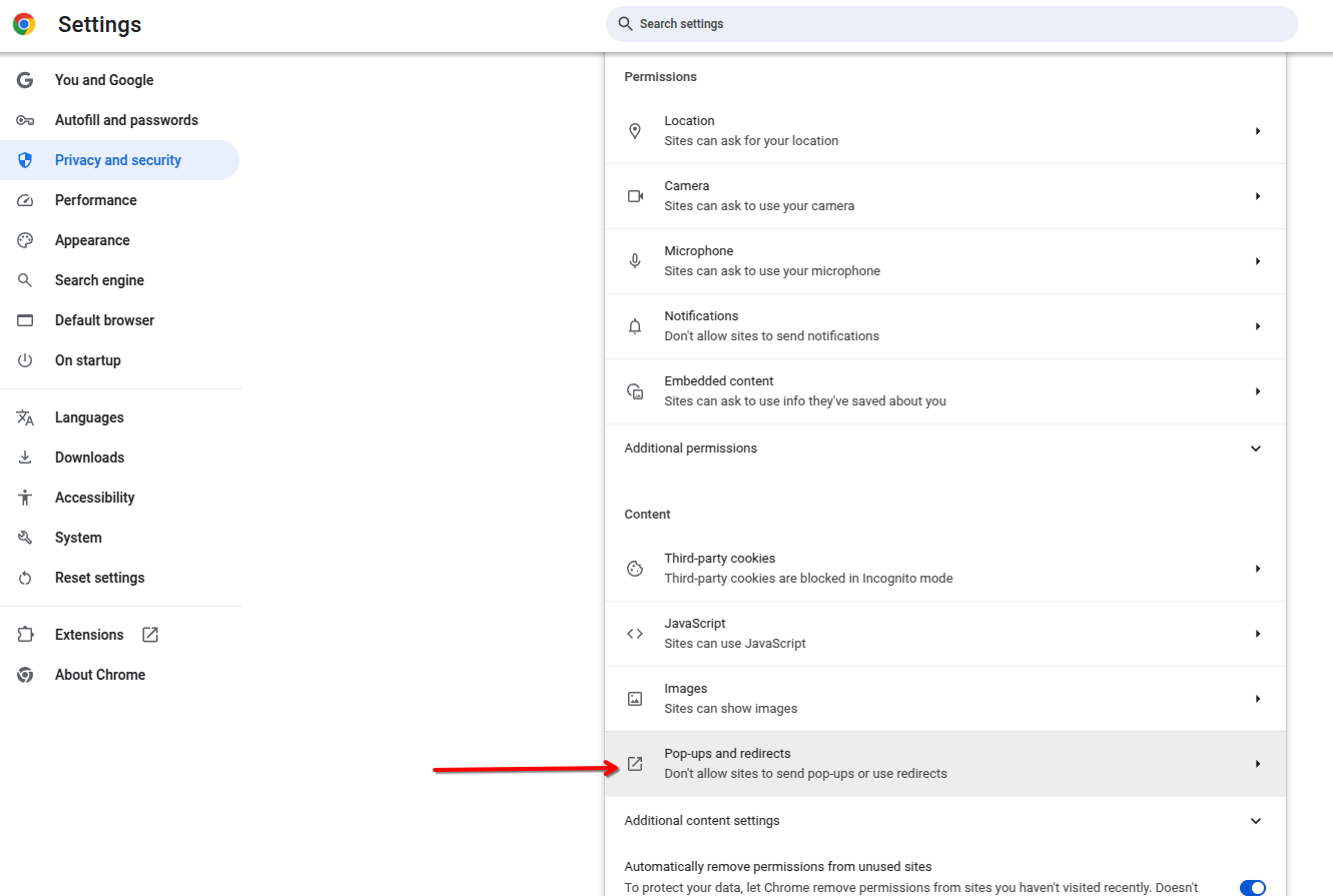 Chrome’s Pop-ups and redirects settings highlighted.